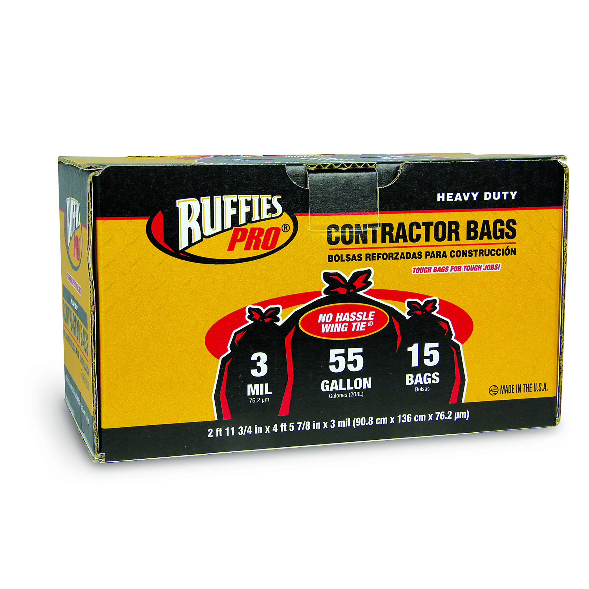 Ruffies Pro Contractor Trash Bags - 55 Gallon, Wing Tie, 3 Mil, 15 Pcs, Black, Model# 1124883